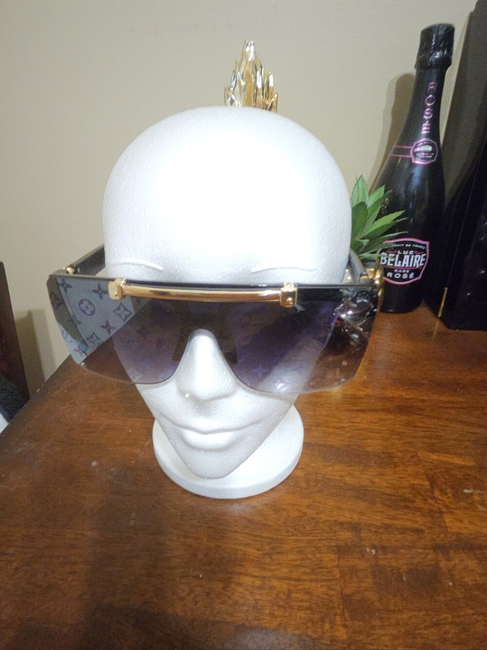 Multi Colored Unisex Monogram Shield Visor Sunglasses in Black with Gold Trim